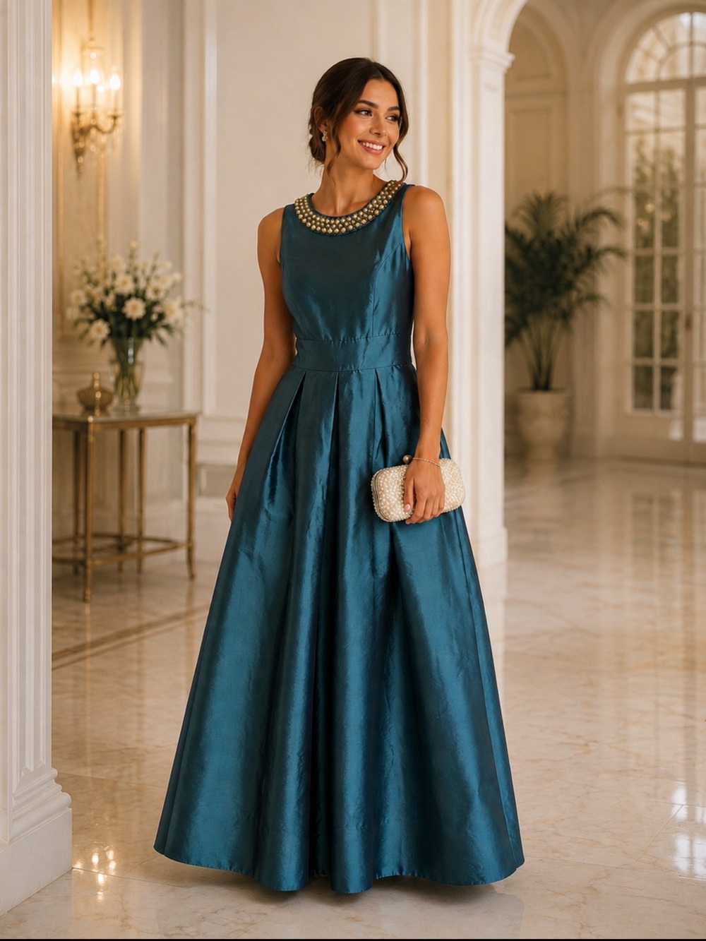 Sangria Teal Satin Pearl Embellished Formal Maxi Gown | Size 4 |